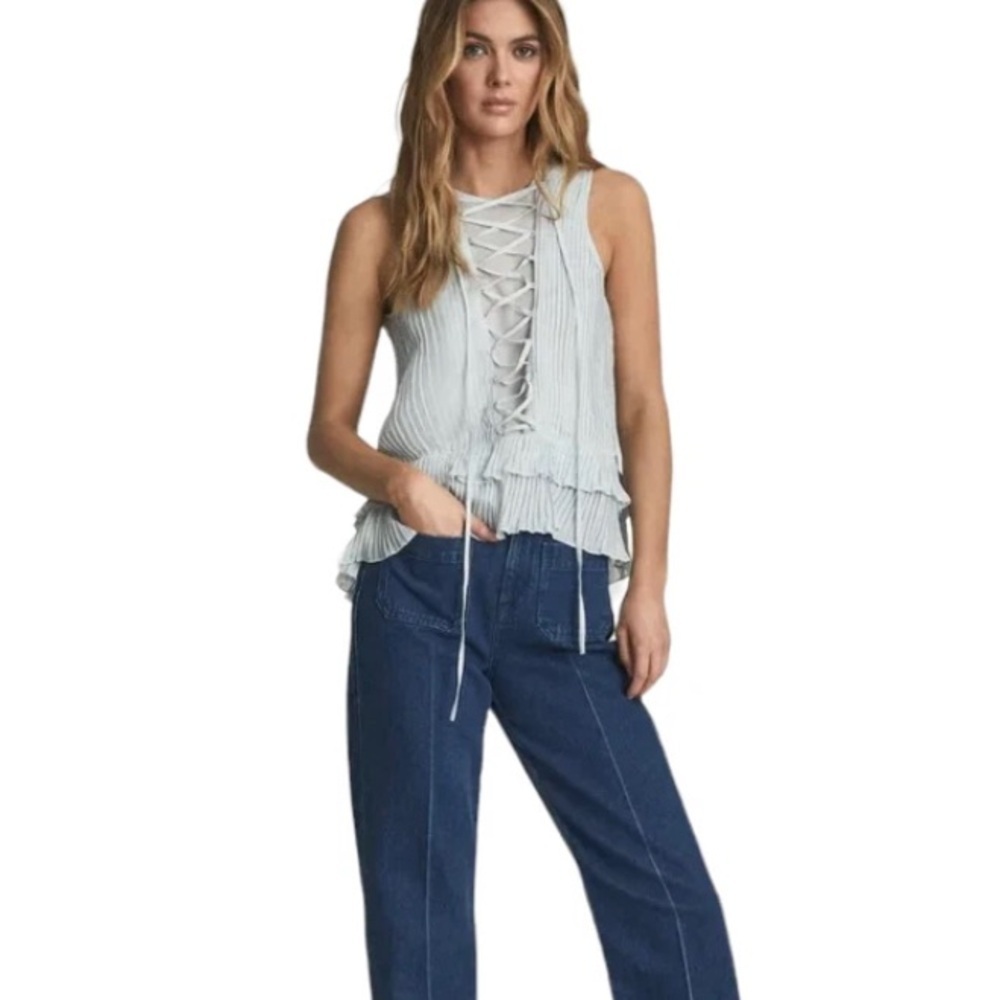 REISS Florrie Eyelet Detailed Sleeveless Blouse ruffled high low pleated tie